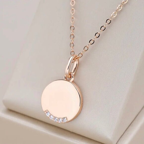 NWT Round Pendant Necklace 14K Rose Gold Plated CZ Pave Thin Chain Minimalist - Picture 5 of 12